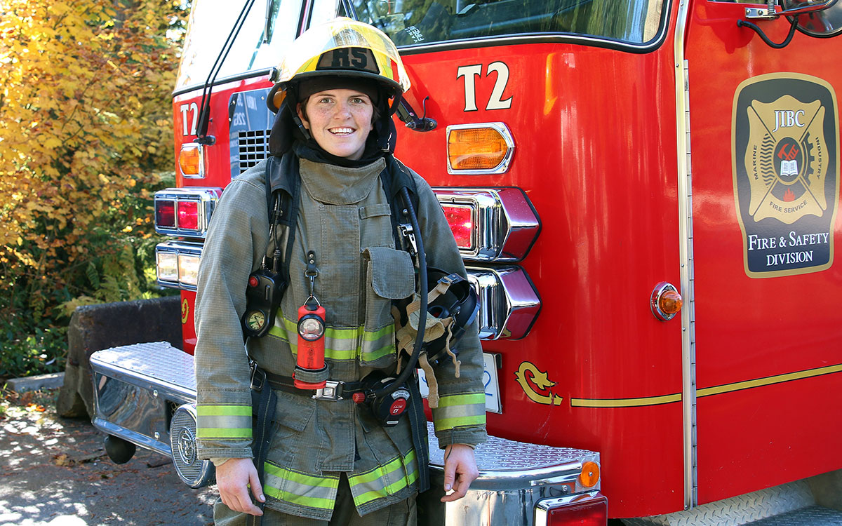 Britt Benn, a member of Canada’s 2016 Olympic bronze medal-winning women’s rugby team, is all smiles after completing JIBC’s Fire Fighting Technologies Certificate program.