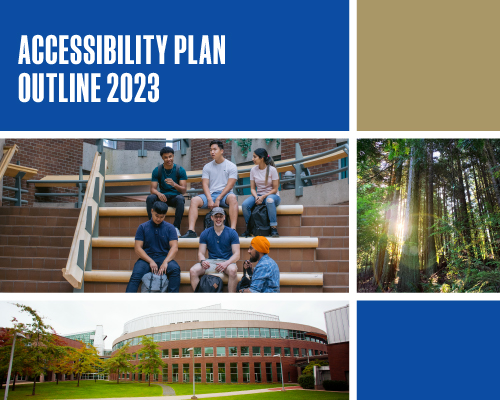 Partial image of document cover with "Accessibility Plan Outline 2023" in the upper left corner with images below of students sitting, New Westminster campus, and forest in a grid format.