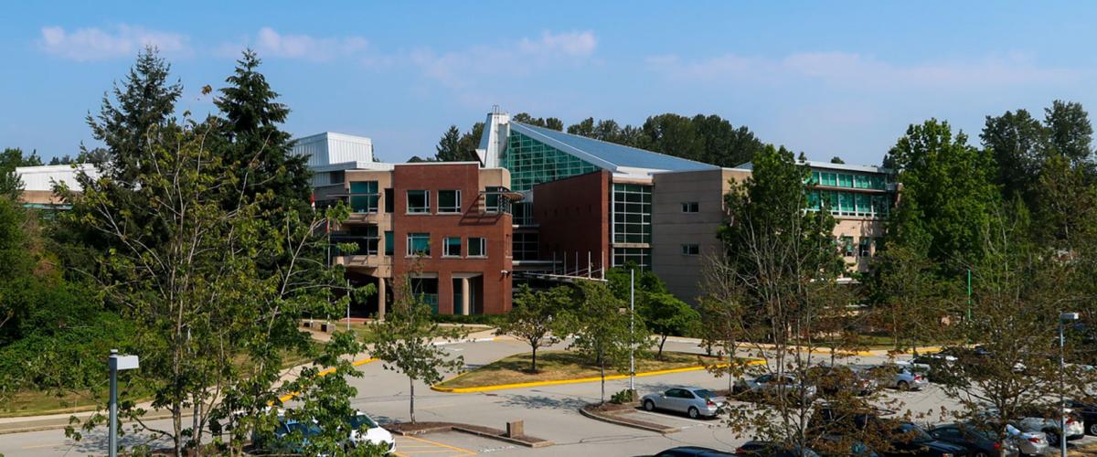 Wide shot of McBride Boulevard entrance of New Westminster campus..