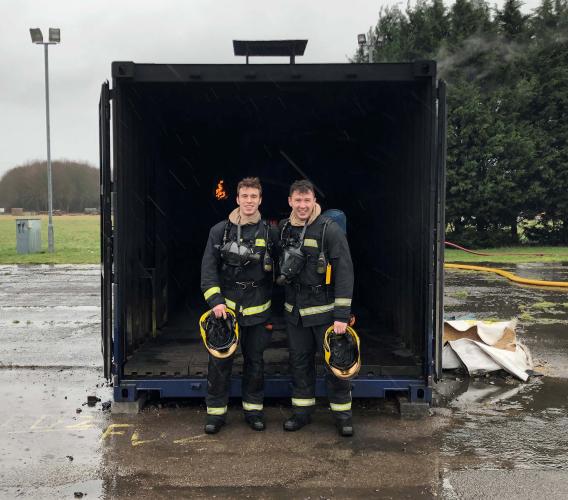 JIBC Fire Fighting Technologies Certificate (FFTC) graduates Nick Cirillo and Rorie Moir travelled to The Fire Service College in the UK to participate in a special opportunity to study abroad for two weeks and gain invaluable international firefighter training experience.