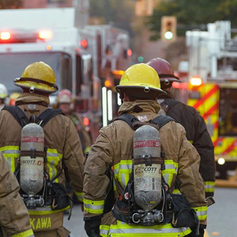 Rear view of firefighters in turnout gear walking towards fire truck..