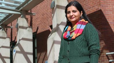 Sanna Meherally stands outside entrance to New Westminster campus.